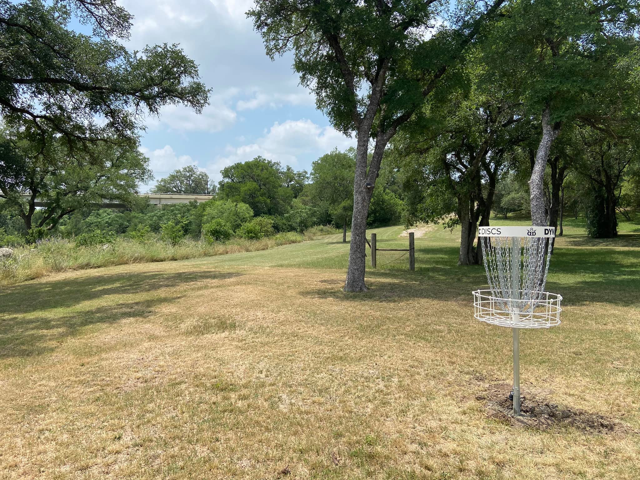 Hole 4 basket showing the scenic parkland beauty of Wong Way Woods